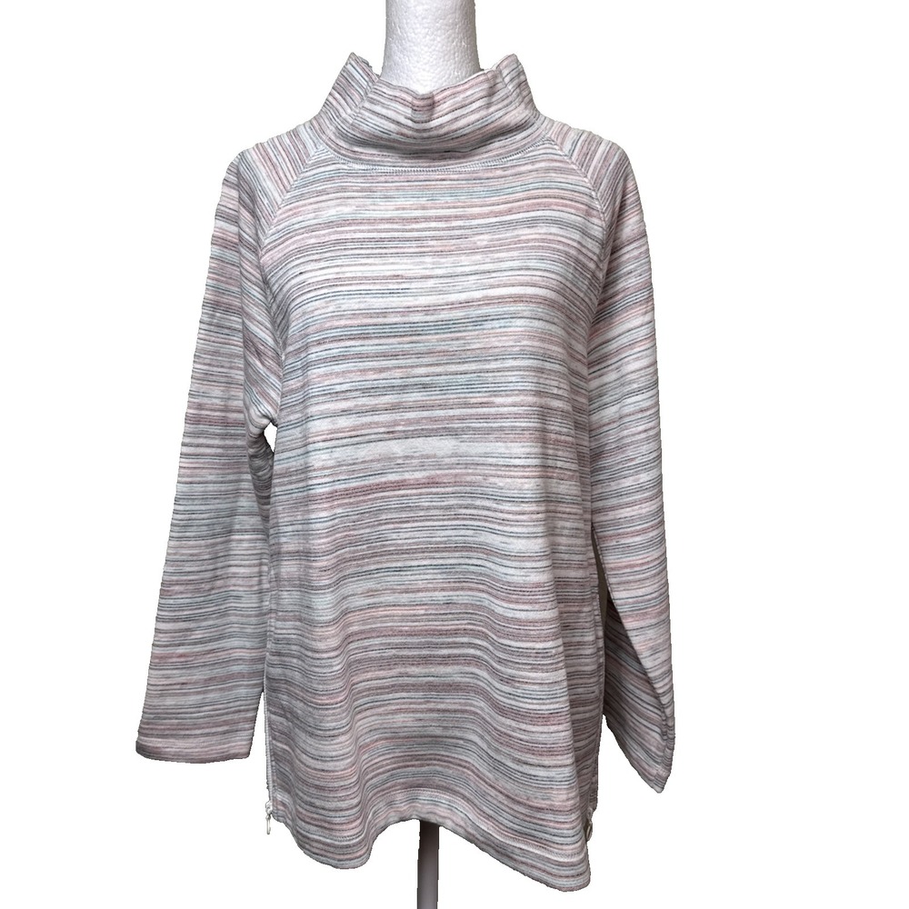 T by Talbots Striped Mock Neck Sweatshirt Cozy Zip Hem Pullover Top Size LP